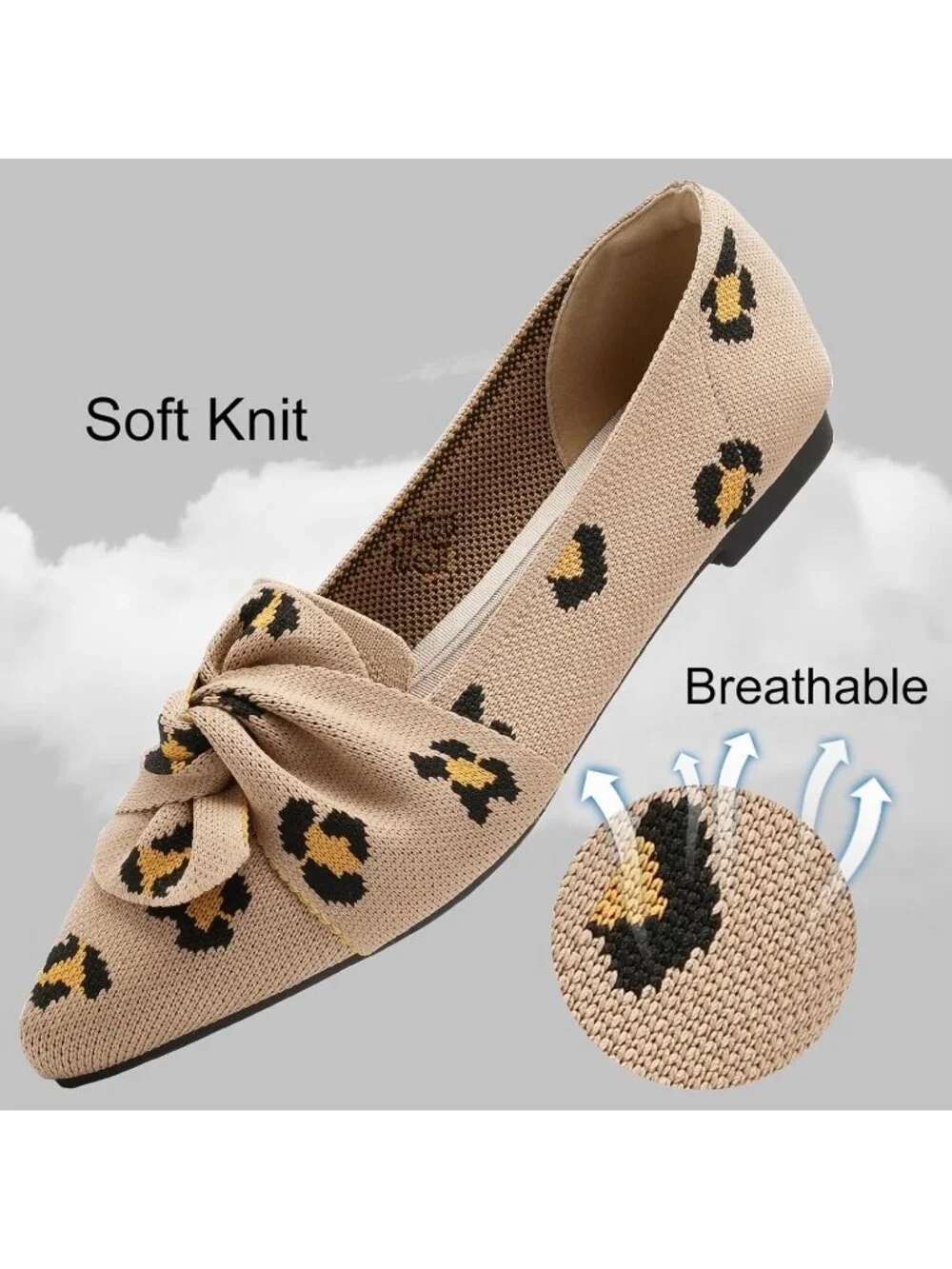 Women's Leopard Pointed Toe Ballet Flats with Bow Comfortable Knit Dressy Shoes